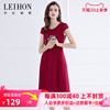 LEIHON/李红国际商场同款花瓣袖腰带枣红色H版中长款连衣裙