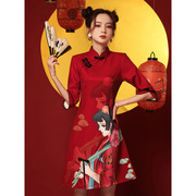 国潮风女装红色改良旗袍，年轻款少女小个子短款炸街中国风连衣裙子