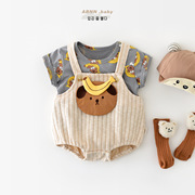 夏季婴儿套装棉质卡通小熊短袖薄款0-3岁男女童宝宝哈衣爬服