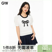 GW大码女装泡泡袖蝴蝶结白色针织短袖2024夏季微胖mm上衣T恤