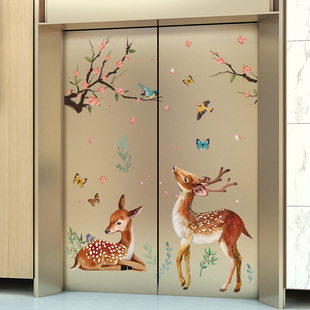 卡通动物电梯门贴纸自粘中国风墙纸，自粘卧室门上墙面装饰墙壁贴画