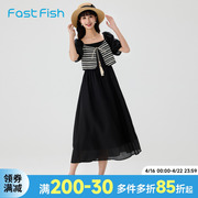 快鱼复古时尚连衣裙2024女夏季假两件设计拼接系带泡泡袖长裙