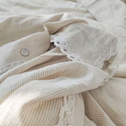 亚麻日式简约细条纹拼接蕾丝花边四件套，柔软色织牀笠牀单被套枕套