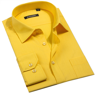 男士黄色长袖衬衫纯色时尚帅气男装男春秋商务休闲免烫大码黄衬衣