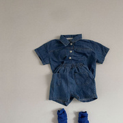 婴儿衣服夏装韩版ins男女宝宝短袖，牛仔衬衫+短裤子休闲2件套装