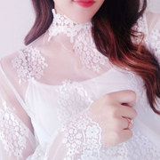 半高领白色透明蕾丝打底衫女春季内搭网纱很仙，的上衣超仙夏喇叭(夏喇叭)袖