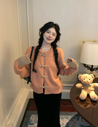 韩国chic新中式国风复古盘扣，粉色开衫毛衣针织外套，+丝绒长裙女