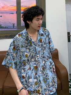 updaywang夏青年(夏青年)情侣，碎花短袖衬衣，男bf风宽松夏威夷风潮衬衫