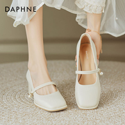 达芙妮玛丽珍女鞋高跟鞋女夏新中式，配旗袍鞋白色珍珠法式粗跟单鞋