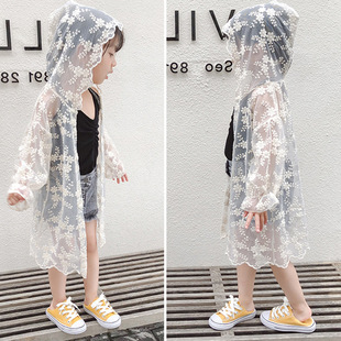 儿童洋气薄款防晒衣2024夏季韩版女童，蕾丝连帽皮肤空调衫外套