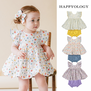 happyology英国女童可爱两件套装，英伦女宝宝，小飞袖波点蝴蝶结套装