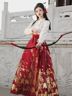 国风汉服汉元素刺绣花长袖，+中国红烫金孔雀马面裙