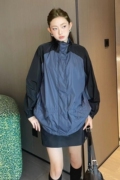 蓝黑拼色风衣外套，女2024年早春短上衣系，腰带时尚气质潮