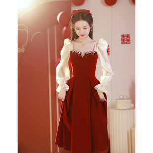 敬酒服2024新娘酒(新娘酒，)红色裙子平时可穿衣服，订婚连衣裙出阁宴礼服