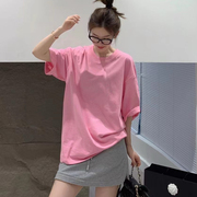 欧洲站2024春夏韩系少女风，圆领短袖慵懒大版粉色，糖果色t恤