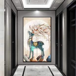 金鹿入户玄关装饰画镶钻晶瓷画北欧现代简约走廊过道轻奢高端挂画
