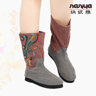 纳妮雅原创老北京绣花女靴中跟平底套筒民族风千层女布靴花朵短靴