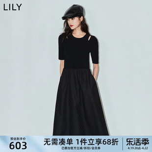 lily2024夏女装(夏女装)设计感拼接气质通勤时尚高腰，a字连衣裙小黑裙
