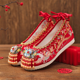 原创古风中式新娘秀禾婚鞋民族，风绣花鞋女内增高红色复古汉服鞋子