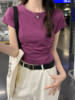 紫色镂空露背小心机短袖t恤女夏季性感辣妹纯欲修身正肩短款上衣