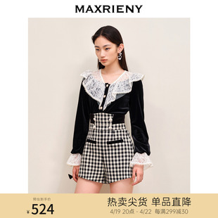 maxrieny精致宫廷复古风，蕾丝拼接丝绒上衣，2023秋装套头针织衫