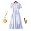 夏季蓝色条纹裙子流行欧美女装，ol清新蓝白印花气质宽松连衣裙短袖