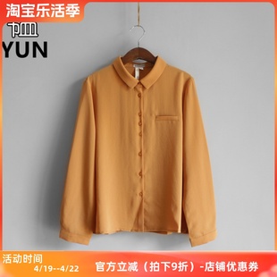 YUN韫春季女装POLO领单排扣长袖桔色雪纺女衬衫 长袖上衣1127