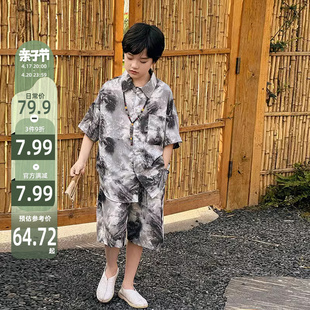 新中式国风套装男童2024儿童，国潮水墨衬衫短裤两件套雪纺童装