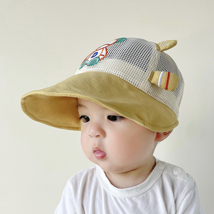婴儿防晒帽子夏季男童卡通小熊网格太阳帽宝宝夏天透气大檐遮阳帽