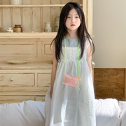 韩版女童背心裙2024夏季白色棉布连衣裙棉质打底T恤两件套装