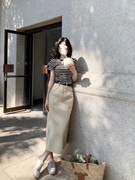 夏季港味韩系条纹短袖t恤女+中长款显瘦高腰，半身裙时尚两件套