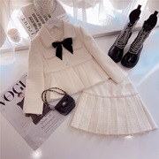 女童春秋小香风套装韩版中小童时髦网纱拼接外套百褶裙两件套