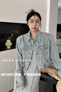 sasa2024春洋气美式设计宽松长袖翻领浅蓝色水洗牛仔短外套