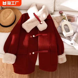 新年圣诞节红色毛呢外套女2023冬季加绒加厚高级感小个子大衣