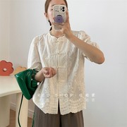 中式风刺绣短袖衬衫女2024夏季宽松百搭立领纯色系扣蕾丝布衬衣