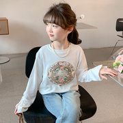女童新中式t恤春装2024春秋，款童装汉服，儿童小女孩长袖上衣潮