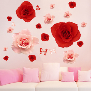 天花板自粘装饰墙壁面仿真玫瑰蝴蝶床头背景墙贴画3d立体花墙贴纸