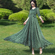 绿色波点连衣裙2023年夏季女七分袖大摆气质减龄显瘦雪纺长裙