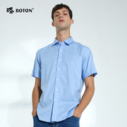 波顿男士纯棉短袖格子衬衫夏季新薄款商务休闲英伦风高端衬衣