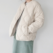 白色菱格棉服女短款面包服冬装2022年韩系宽松小个子羽绒棉衣