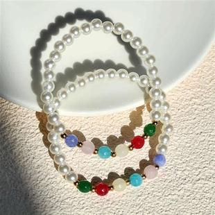 波西米亚风欧洲复古珍珠水晶，手链彩虹夏日玛瑙石头串珠手镯饰品