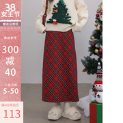 YOUX格调红色格纹半身裙女2023冬季复古圣诞高腰a字裙子