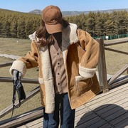 羊羔毛麂皮(毛麂皮)绒棉服，女2023冬季加绒加厚连帽小个子皮毛一体外套