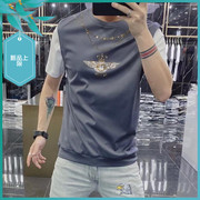 TT21夏季男士温州欧版修身潮刺绣烫钻个性假两件圆领短袖T恤