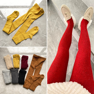 韩版棉点点加厚加羊毛连裤袜，秋冬大红酒，红黄色美腿保暖打底袜网红