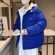 克莱因蓝色棉服男冬季加厚潮牌棉袄宽松面包服假两件连帽棉衣外套