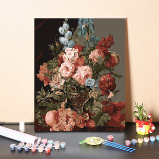 数字油画diy手工填充欧式复古花卉，手绘涂色客厅，装饰丙烯油彩画画