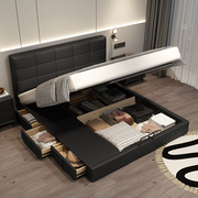 卡得利黑色真皮床储物带抽屉收纳现代简约小房间户型省空间双人床