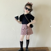 女童套装夏装2024韩版时髦儿童泡泡袖针织衫短袖格子短裙洋气