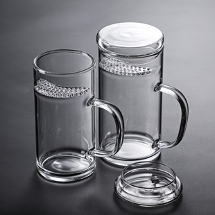 月牙杯玻璃水杯大容量，茶水分离过滤泡茶杯子，带把办公室耐高温。
